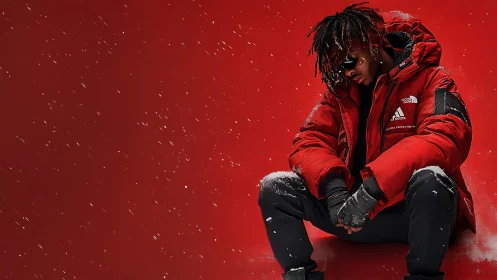 Red Winter Fashion Portrait. Dramatic Studio Shot.