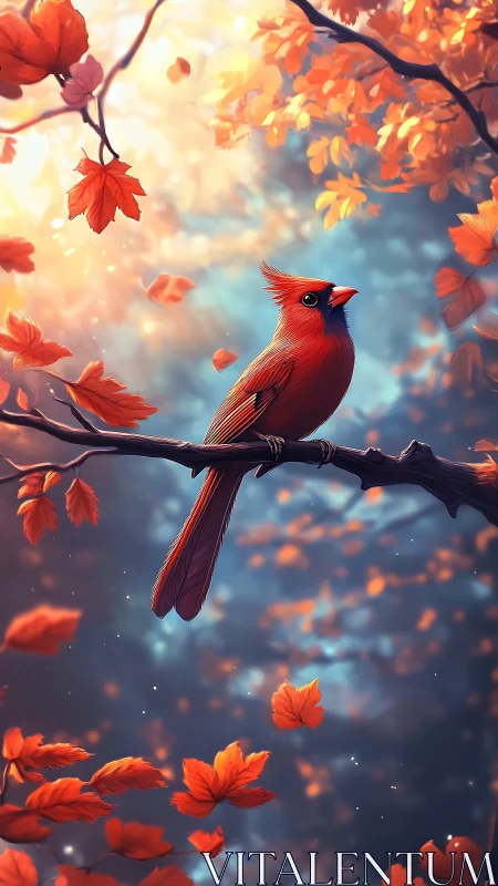 Scarlet cardinal perched in swirling autumn firelight dream.