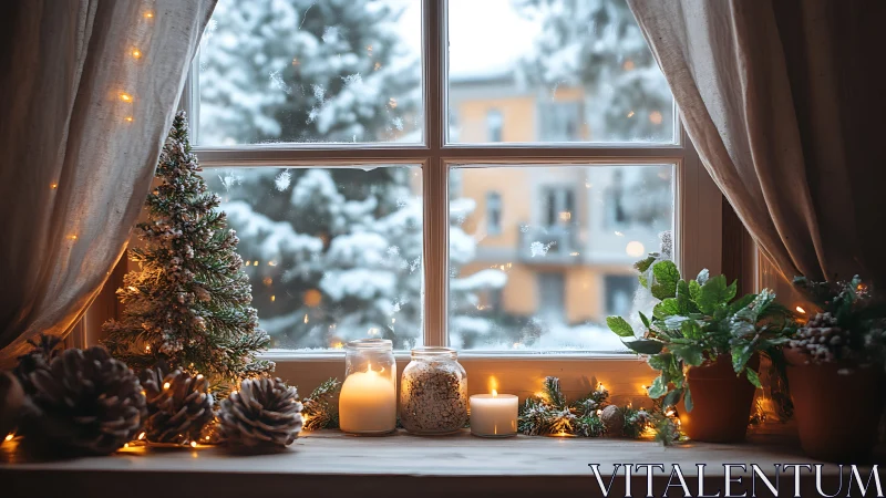 Winter window with candles, plants and soft snow view.