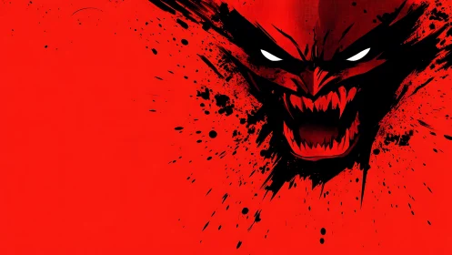 Savage demonic visage exploding in high-contrast crimson field.