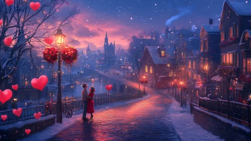 Romantic Winter Cityscape: Couple Under Snow-Covered Sky