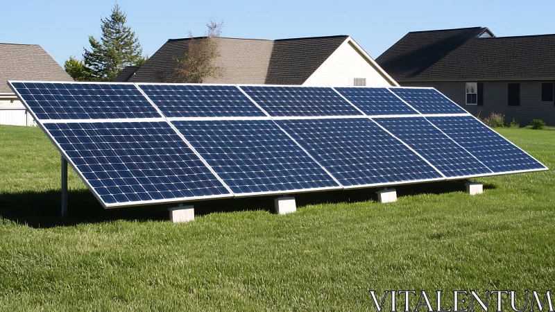 Ground-mounted solar panel array powers a sunny suburban yard