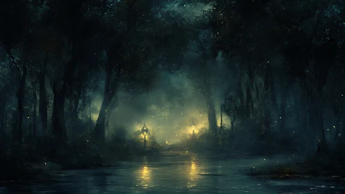 Nocturnal river glade with luminescent lantern convergence.