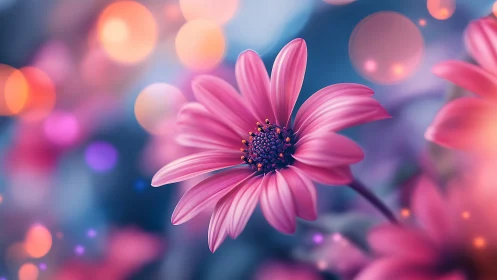 Pink daisy flower with dark center in bokeh background