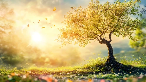 Sunlit spring tree rendered in luminous digital painting