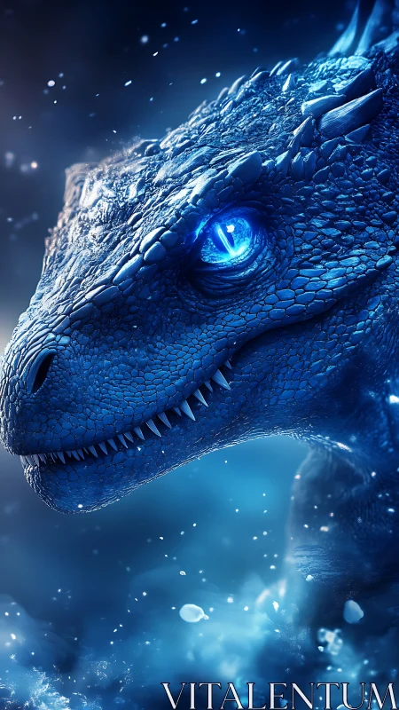 Blue-scaled dragon head in cold glowing environment.