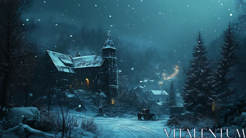 Digital painting of a snowy gothic village under teal moonlight.