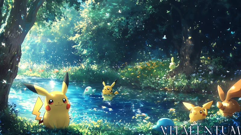 Luminous forest stream with Pikachu cluster in spectral bloom.