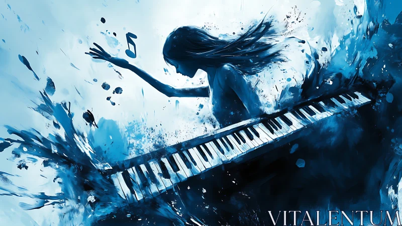 Blue piano performance explodes into abstract musical energy.