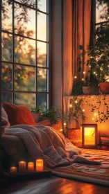 Cozy window nook glowing with plants, candles, and sunset light.