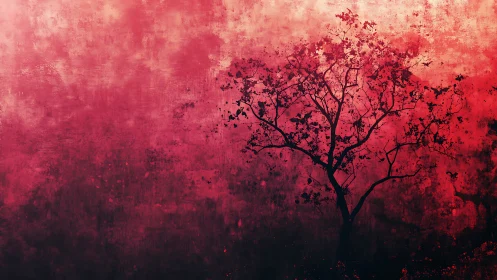 Silhouetted tree intersects textured crimson gradient field