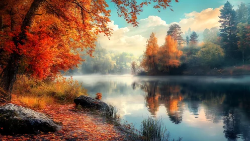 Gentle autumn lakeside morning wrapped in golden mist.