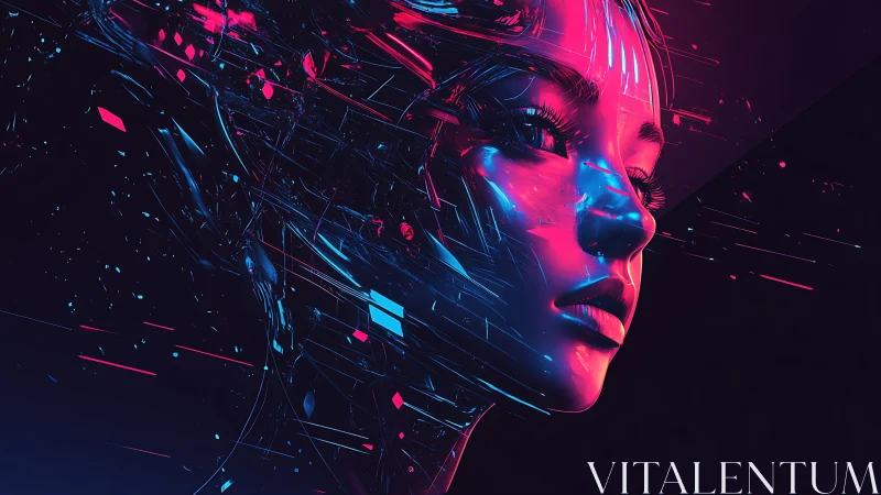 Neon-lit cybernetic portrait with fragmented holographic shards