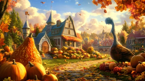 Autumn village manor with pumpkins and whimsical bird sculpture.
