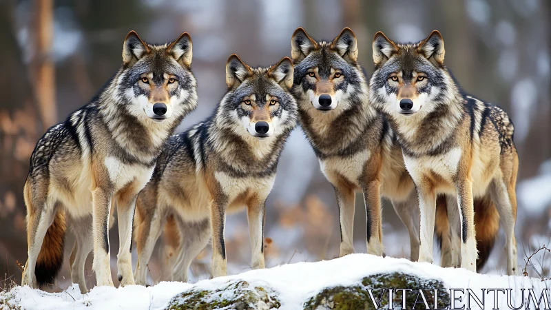 Four gray wolves standing on snowy forest ground in winter.