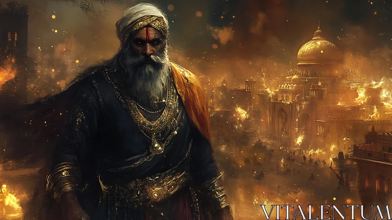 Warrior king surveys burning golden city under siege.