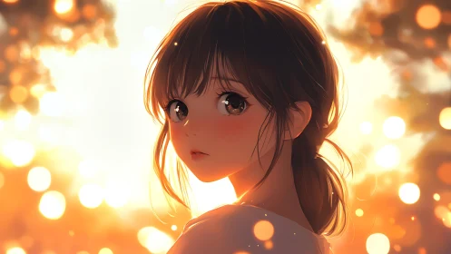 Side-profile anime portrait shows girl amid warm bokeh light
