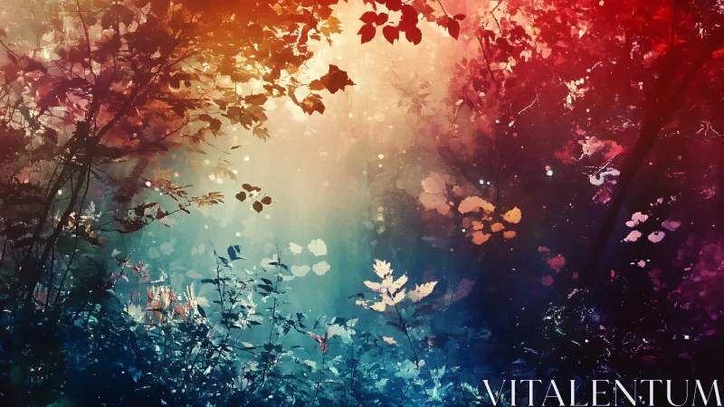 Enchanted forest canopy under prismatic twilight glow.