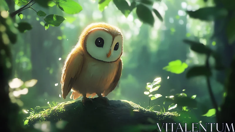 Adorable cartoon owl in sunlit forest, whimsical digital art style.