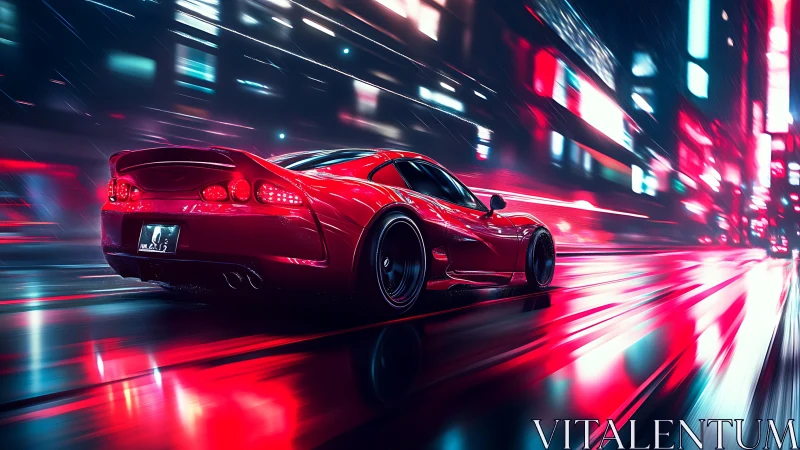 Red sports coupe moves through neon city street at speed