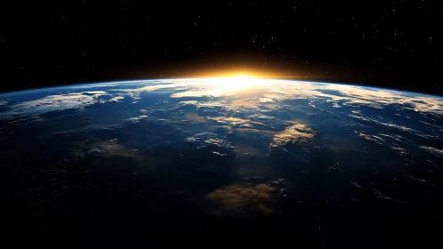 Sunrise over Earth horizon from low orbit in deep space.