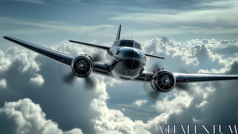 Sleek vintage airplane glides confidently through bright clouds