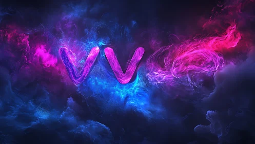Neon letterforms are rendered within turbulent color clouds