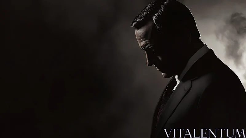 Somber suited man in dramatic low key side profile portrait.