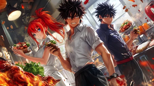 Dynamic anime chefs plate gourmet burgers in a fiery kitchen scene
