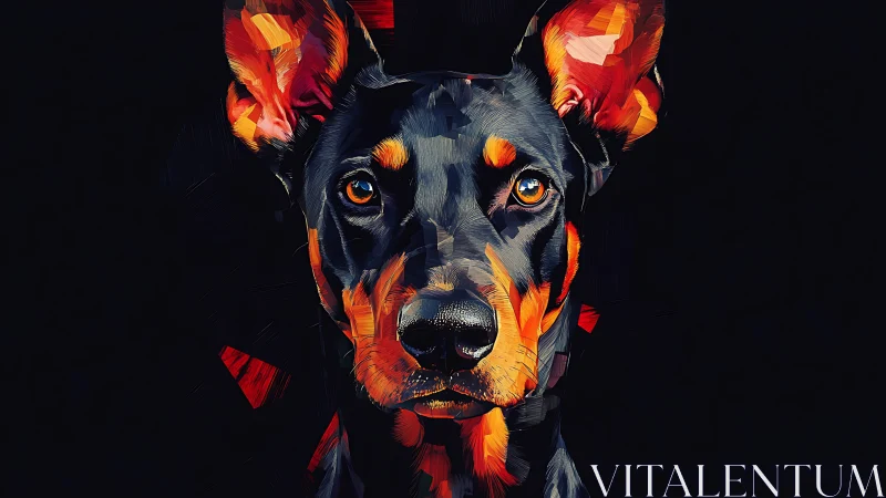 Geometric digital portrait of Doberman dog on black ground