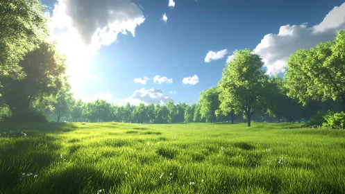 Sunlit meadow breathing under a chorus of bright clouds.