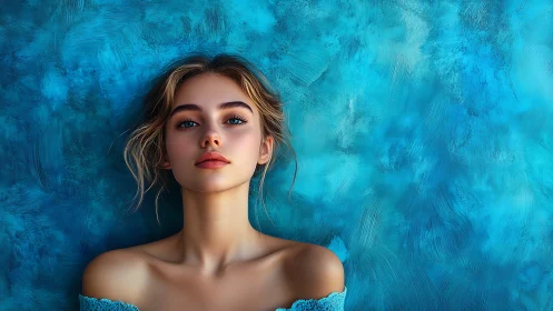 Digital portrait study renders a serene woman against cyan texture