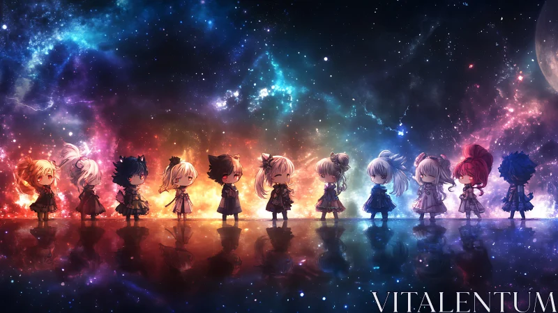 Celestial chibi ensemble aligned across prismatic nebula horizon.