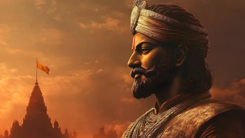 Regal warrior profile against temple spire at sunset sky