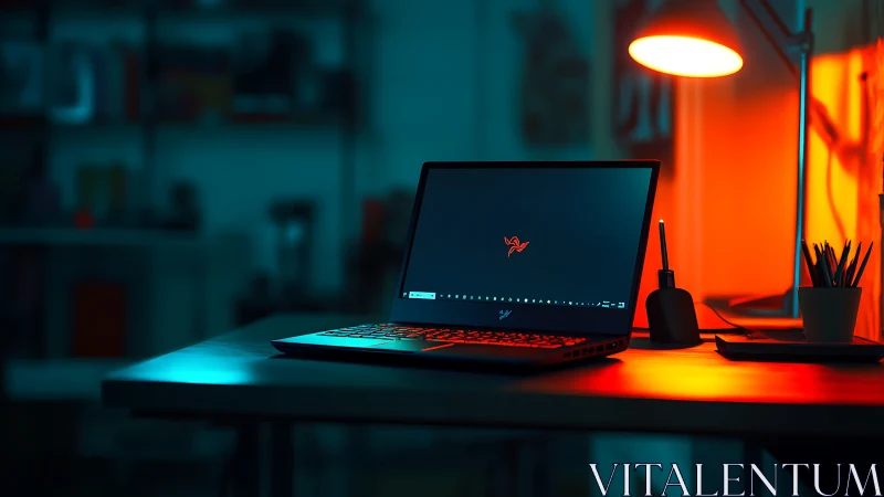 Laptop on desk in dim workspace with contrasting lighting.