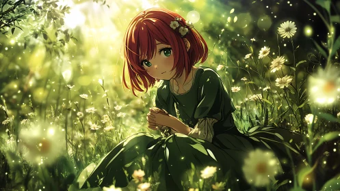 Red haired girl in luminous flower meadow under dappled light