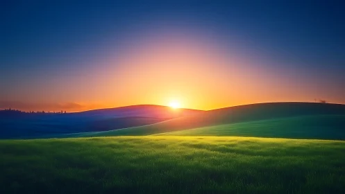 Sunrise glows over rolling hills in luminous green fields.