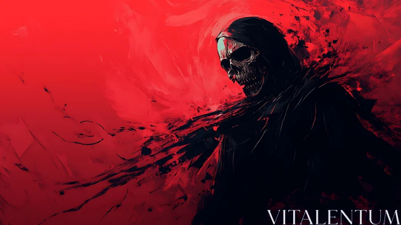 Skeletal reaper emerges through red negative space with dynamic brushwork