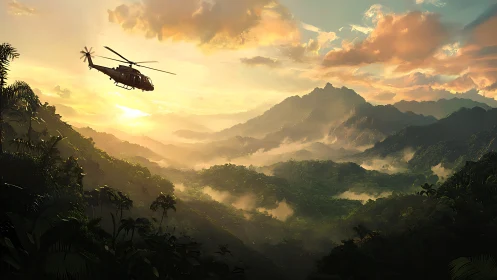Helicopter drifts through sunrise mist above emerald jungle