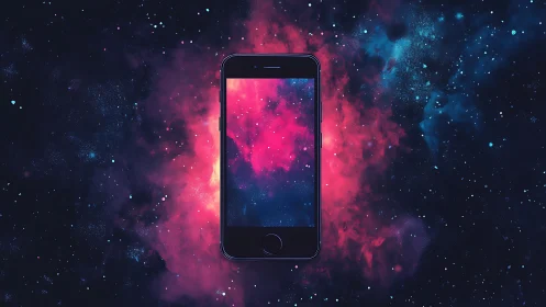 Smartphone floats in vivid pink and blue cosmic nebula.