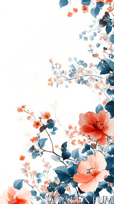 Floral composition with coral and teal botanical elements