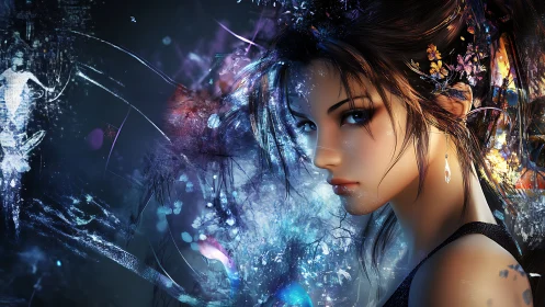 Digital portrait of ethereal woman amid luminous abstract bloom