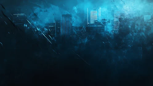 Futuristic high-rise skyline in blue fog with digital decay overlays.