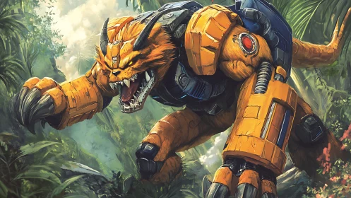 Savage mech-beast prowls a neon jungle of steel and vines.