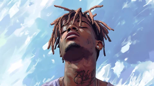 Digital portrait of man with locs under luminous sky backdrop.