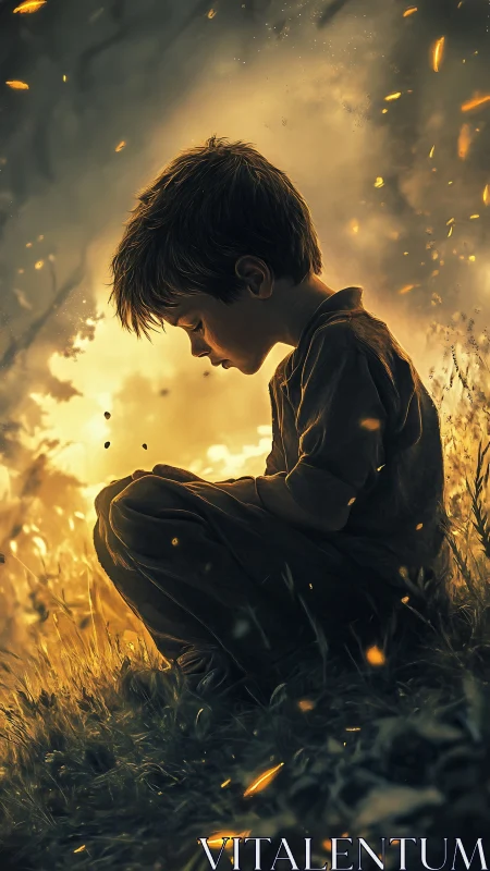 Solitary child in golden backlight with drifting embers
