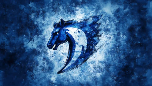 Blue digital horse logo on textured abstract background.