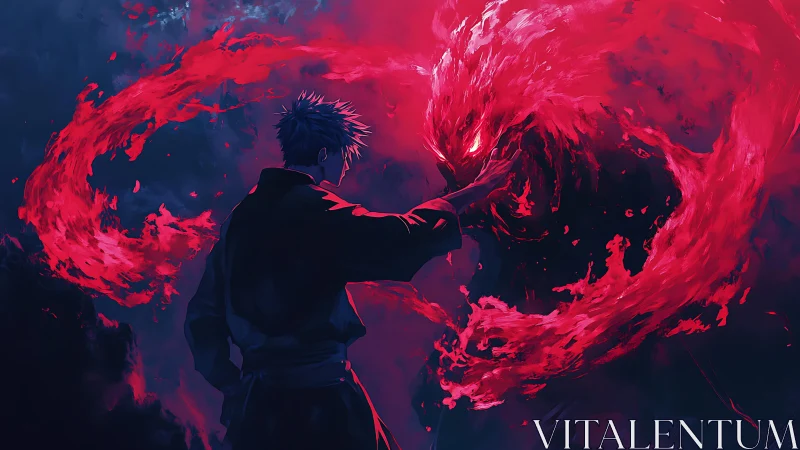 Male figure confronting red energy creature in darkness.