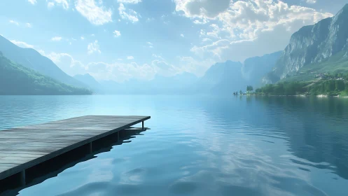 Silent lake pier drifting into haze-soaked mountain light.
