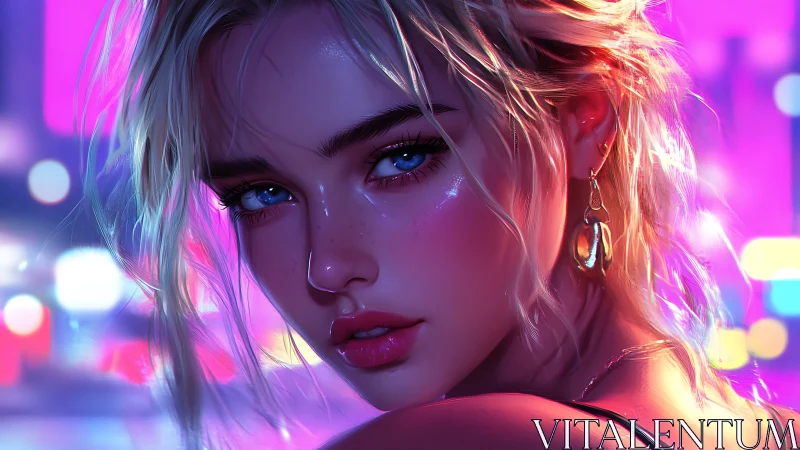 Neon-bathed digital portrait with hyperreal specular skin rendering.